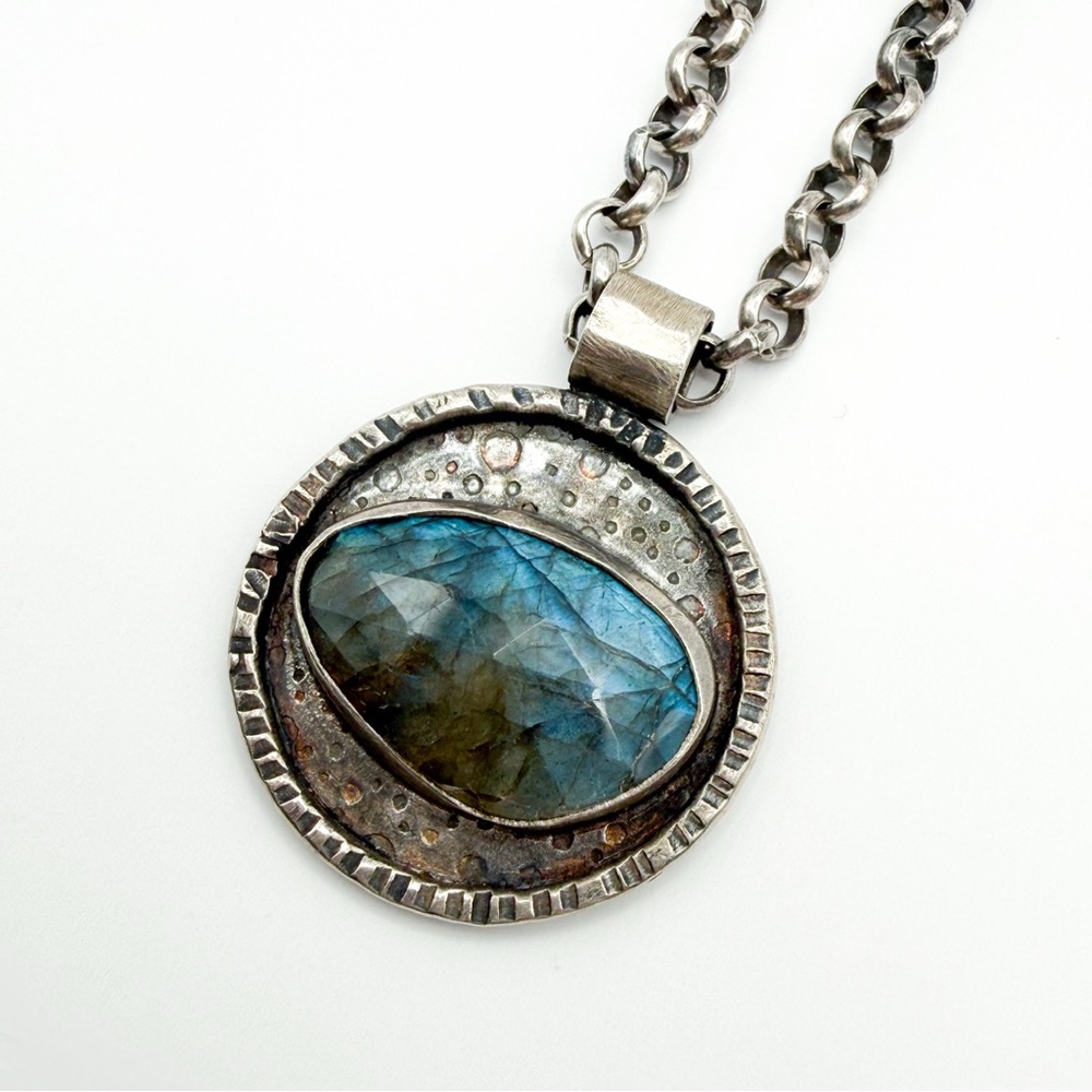 Designer Signed Olga Ganoudis Labradorite and Silver Pendant Necklace Celestial